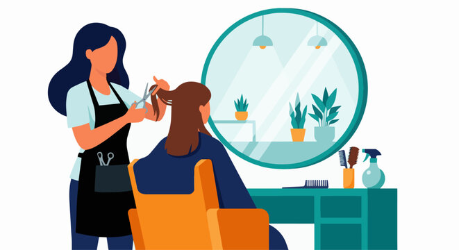 A flat vector illustration of a professional hair stylist cutting a client&rsquo;s hair with scissors. The client is seated in a modern salon chair wearing a dark styling cape. Background features a large 