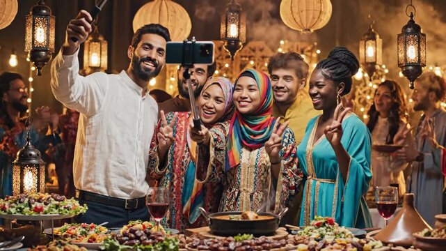 Diverse friends taking a happy selfie at a festive dinner party. Multicultural group celebrating Ramadan Iftar with a traditional feast. Modern Muslim lifestyle and togetherness concept