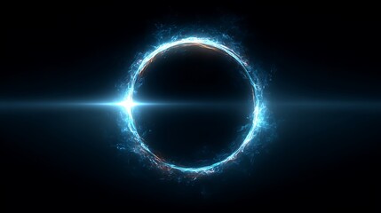 A vibrant ring of electric blue energy encircles a dark void, with a bright horizontal beam