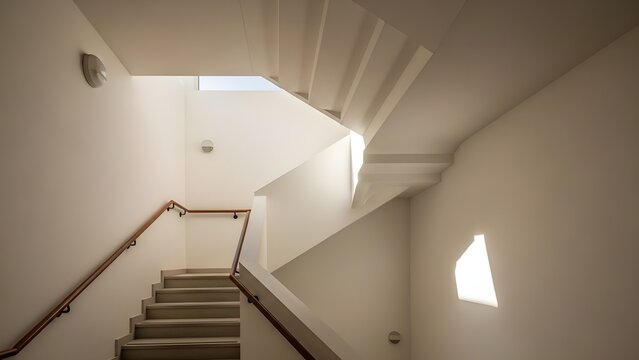 Staircase ascending indoors with natural light and wooden handrail architecture