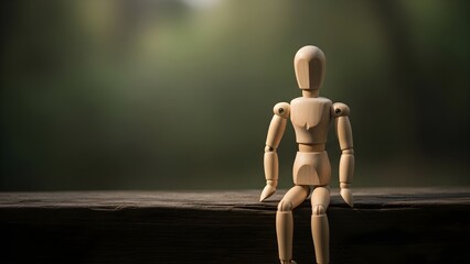 Wooden mannequin figure sitting on a wooden surface against blurred background