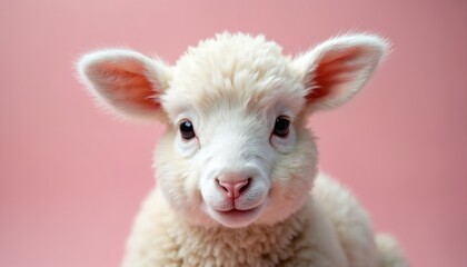 Obraz premium Cute baby lamb posing in studio. Fluffy white ovine with big dark eyes looks directly at viewer on soft pink backdrop. Young animal represents innocence and new beginnings. Easter theme.