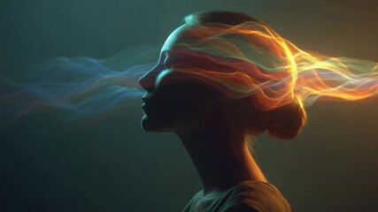 Inner Radiance: Capturing the essence of a serene woman immersed in contemplation, radiating streams of colored energy, symbolizing deep thought and the beauty of the human mind.