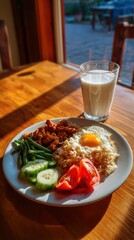Healthy breakfast with rice, egg, vegetables, and milk by the window