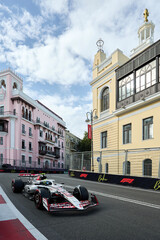Obraz premium SEPTEMBER 20, 2025: Nico Hülkenberg drives the 27 MoneyGram Haas F1 Team VF-24 during a session of the Azerbaijan Grand Prix at the Baku City Circuit.