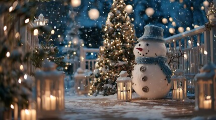 Obraz premium Cozy winter scene with snowman, Christmas tree, lanterns, and falling snow at night