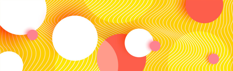 Trendy colorful background with circles and lines. Bright abstract design template. Yellow and pink 3d banner
