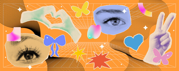 Creative collage with hands and eyes. Contemporary art with halftone and cut out elements. Trendy vector sticker set