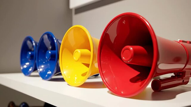 Panning shot of colorful megaphones on a white shelf. Red, yellow, and blue bullhorns representing communication and public announcement. Copy space available
