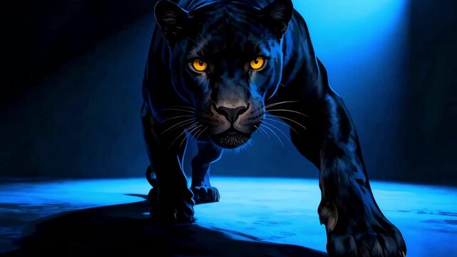 Majestic black panther stalks forward intensely, showcasing piercing golden eyes and powerful midnight fur under dramatic blue spotlighting in this captivating wildlife portrait.