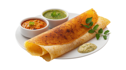 Masala Dosa With Chutneys Appealing South Indian Breakfast isolated on a white background
