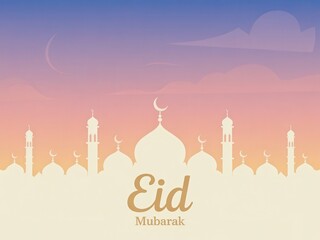 Eid Mubarak celebration with beautiful mosque silhouette at sunset