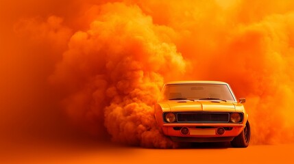 Smoky Getaway: A vintage automobile is enveloped by a cloud of fiery smoke, its bold form emerging from the intense orange hue, showcasing a moment of action and artistic flair.