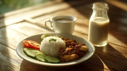 Delicious rice dish with fresh vegetables and a glass of milk