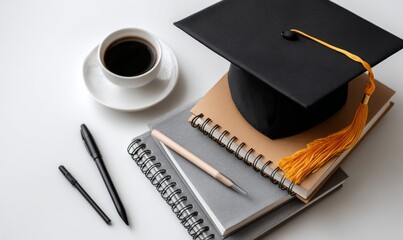 Stylish Graduation Cap with Coffee and Stationery on a Minimalist White Background