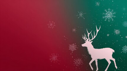 christmas card in festive red and green colors with a white deer. snowflakes