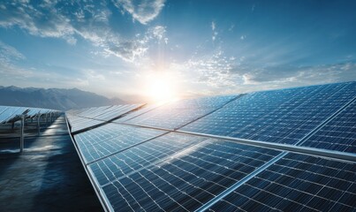 Solar Farm at Sunrise with Panels Reflecting Beautiful Sky View and Mountains