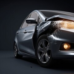 Fototapeta premium Car Accident: The aftermath of an accident, a damaged vehicle bears the visible marks of a collision, its front end crumpled and headlights askew, telling a story of impact and the forces involved.