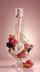 Studio product. perfume bottle on dessert glass