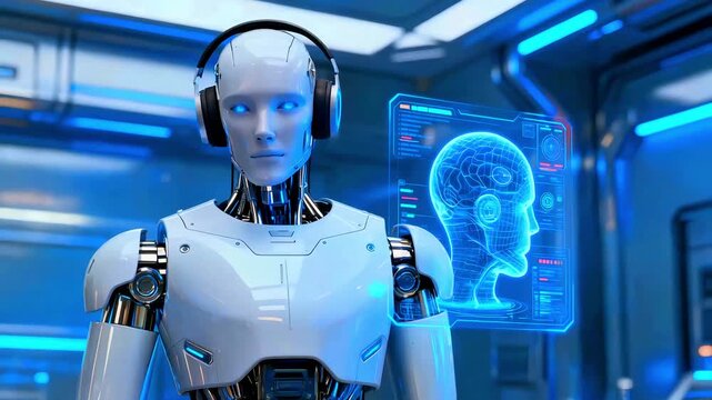 Advanced humanoid robot wearing over-ear headphones examines holographic neural interface displaying detailed brain scan data in a futuristic, high-tech laboratory setting.