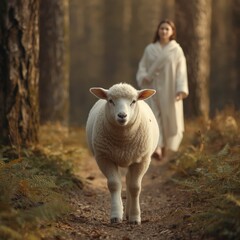 Young sheep in forest with woman