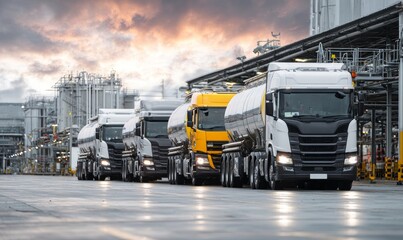Trucks Loading at a Distribution Depot During a Dramatic Sunset Overhead