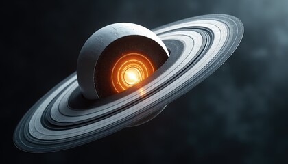 Abstract Sci Fi Celestial Body With Glowing Orange Core And Detailed Rings Against Dark Nebula Background Futuristic Cosmic Art