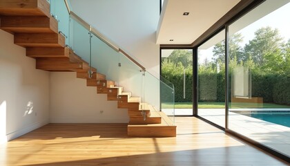 Modern wooden floating staircase with glass railings inside a luxurious house. Sunlight streams through large windows showing a backyard pool and green trees. Clean, contemporary home interior design.