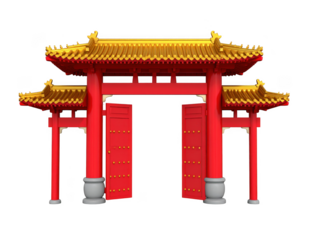 3D red Chinese temple gate Paifang with golden roof isolated.