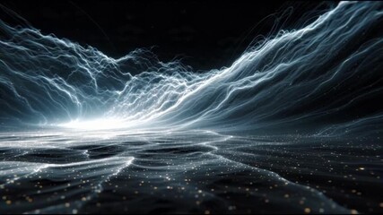 Electric blue light trails on dark water surface with sparkling particles