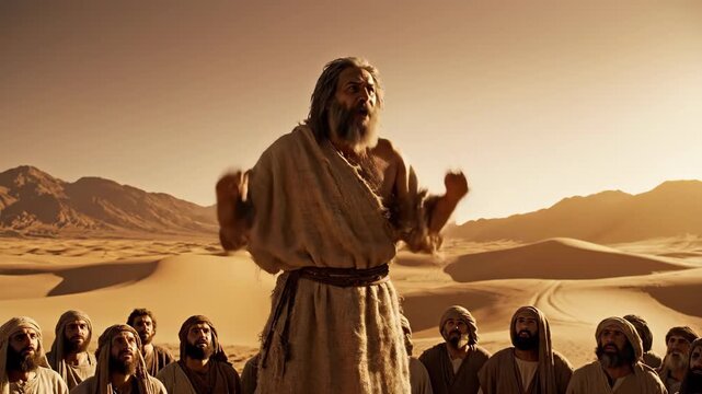 Biblical prophet preaching to a crowd in the desert. Bearded man in ancient robes standing on a rock and gesturing to the sky. Religious history and spirituality concept