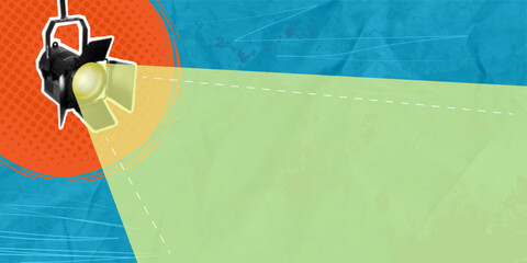 A trendy halftone pop art collage. Overhead projector for an advertising poster. Spotlight on a blue background. Black lamp with empty space. Vector.