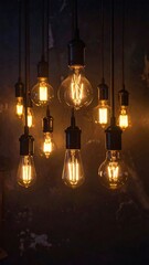 Illuminated Edison bulbs hanging, creating a warm, moody aesthetic