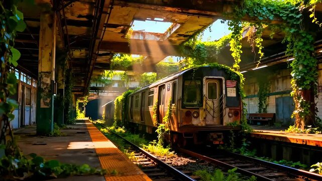 An abandoned, overgrown subway train sits stationary on rusty tracks beneath a decaying station roof with dramatic sunlight rays piercing through.
