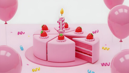 Pink cake with strawberries and candles on pink background birthday dessert