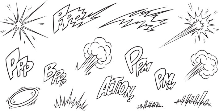 Collection of comic book sound effects and action lines in a handdrawn sketch style.