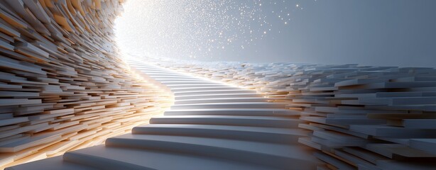 Pathway to Enlightenment: An abstract depiction of an upward staircase emerges from a dark, shadowed foreground into a radiant, bright light. The steps, carved from stone.