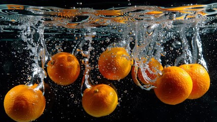 Underwater orange fruit water splash with bubbles freshness motion and juicy citrus background on dark liquid surface healthy food concept - Powered by Adobe