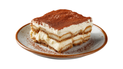 Portion of classic tiramisu dessert on a ceramic plate isolated on a white background