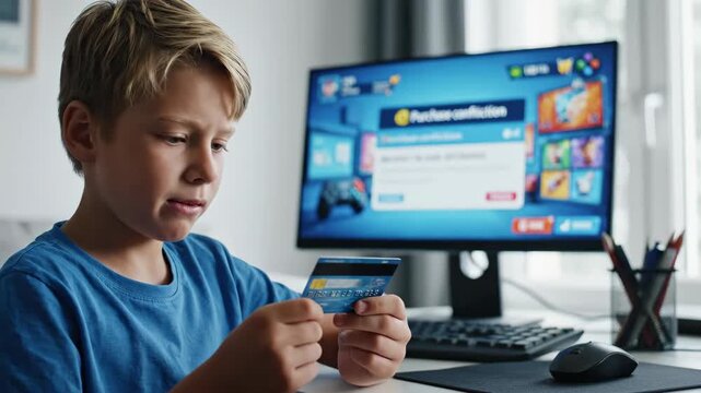 Young boy holding a credit card, looking confused and frustrated. Child attempting an online game purchase on a computer, encountering a payment problem