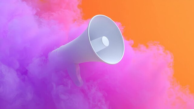 Megaphone speaker sound announcement communication orange purple smoke cloud abstract minimal gradient background promotion message marketing loud