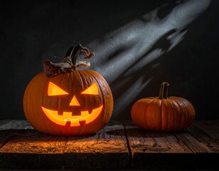 Illuminated Jack-o'-lantern and pumpkin on wooden surface