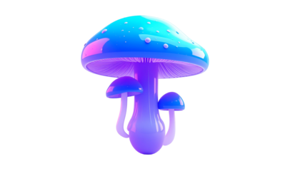 Glowing, stylized mushroom in gradient blues, purples, and pinks against black