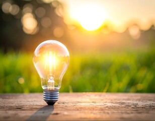 Illuminated lightbulb set against a sunlit background and nature
