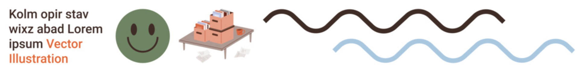 Fototapeta premium Communication, design, abstract art, emotions, logistics, modern graphics. Green happy face, cardboard boxes on a table black and blue wavy lines. Communication and design concept