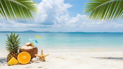 Tropical Summer Beach Banner Pineapple Coconut Starfish Horizontal Summer Vibe with Fruits Palm Ocean View 