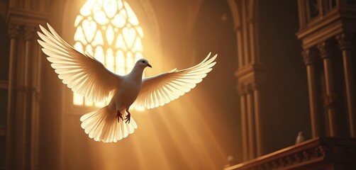 Fototapeta premium White dove flies through sunbeams in church near stained glass window. Bird wings spread wide, symbol of peace, hope, holy spirit in religious space.