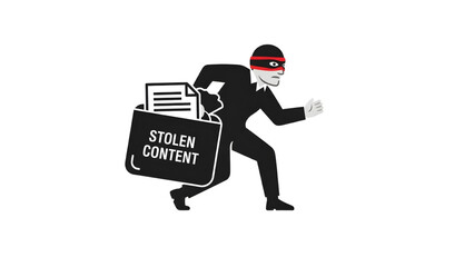 Stealing Content concept Cartoon Thief Running with Bag  and wirte on Stolen Content  Line Art Icon of Copyright Infringement Thief 