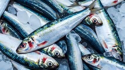 Close-Up of Fresh Fishs on Ice  Bunch of Small Fish on Frozen Ice 