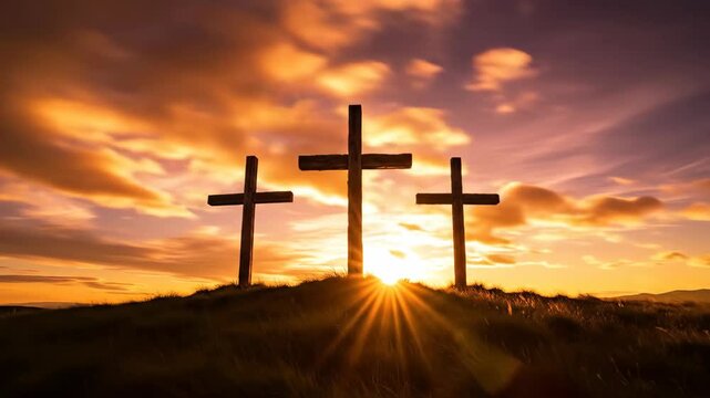 Time-lapse of three crosses on a hill during a dramatic sunrise. Christian symbol of Jesus' crucifixion and resurrection for Easter. Concept of faith, hope, and salvation